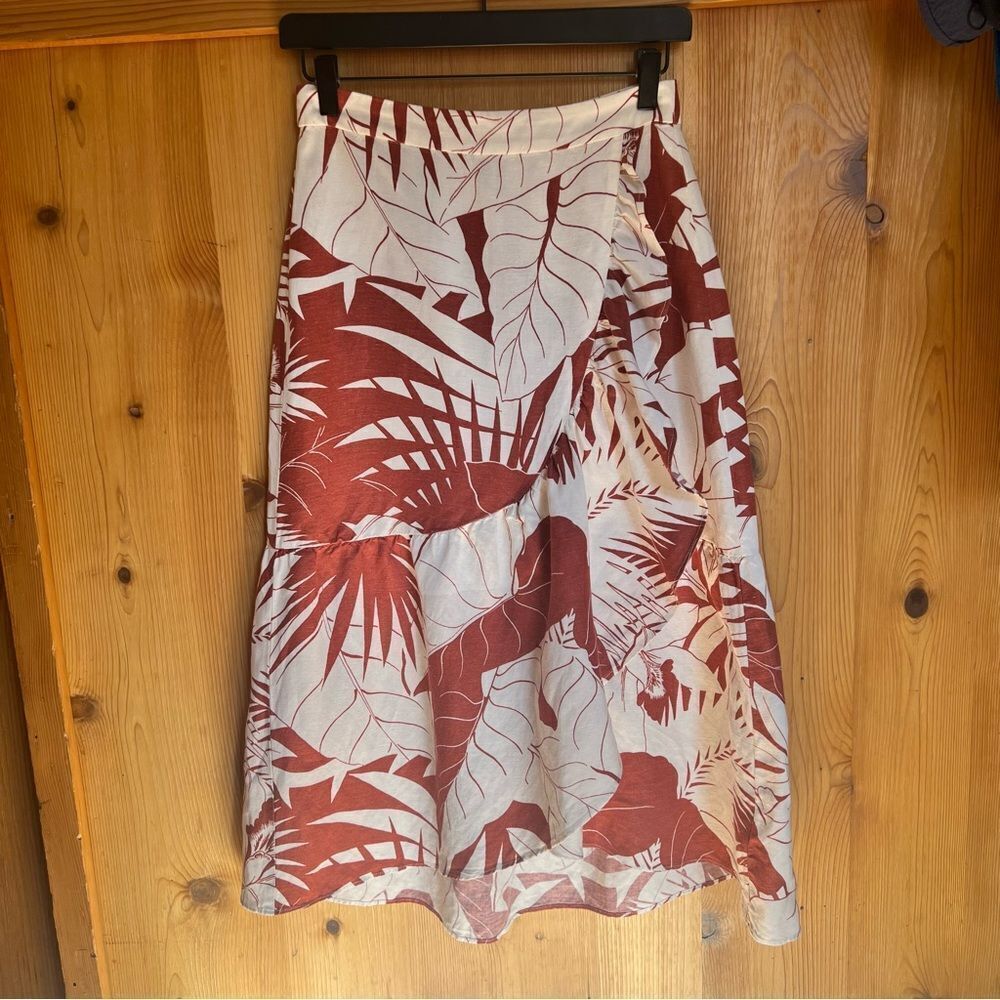 Madewell Rust & White Tropical Print Ruffle Linen Blend Midi Skirt - Picture 4 of 11
